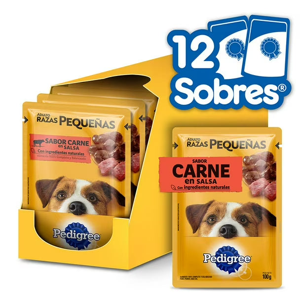 PEDIGREE CAJA 12 UNIDADES POUCH RAZAS PEQUEÑAS SABOR CARNE 100 GR